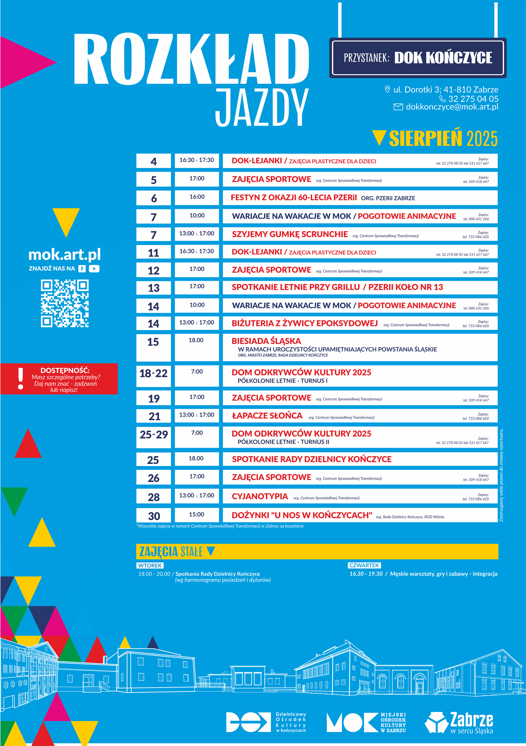 plakat z repertuarem DOK Kończyce na sierpień 2025